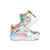 A pair of children's high-top sneakers in a pastel metallic color scheme. The shoes feature shiny pink, light blue, and mint green panels, decorated with cute white heart-shaped patches that have cartoon eyes, and a white midsole.