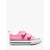 A pink canvas low-top sneaker with two hook-and-loop straps, a white rubber toe cap, and a white midsole with a black stripe, shown in profile against a light gray background.