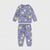 A two-piece children's pajama set in lavender purple, featuring a long-sleeve top and matching pants with a Halloween-themed cartoon print of ghosts, spiders, and pumpkins.