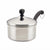 A stainless steel saucepan with a matching lid, featuring a black plastic handle with a hanging loop and a black lid knob, shown against a plain white background.