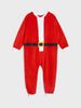 Red Santa Claus onesie with a white shirt and black belt on a light gray background