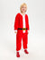 Child wearing a red Santa Claus onesie on a white background