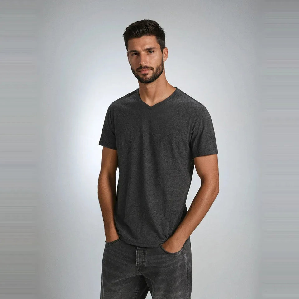 Sinsay Men's Dark Gray Plain V-Neck T-Shirt