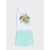 A two-piece kids' lounge set by Aisha, featuring a white sleeveless tank top with a colorful cartoon frog graphic and mint green shorts with a small gold logo.