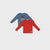 Two long-sleeve children's shirts shown on a light gray background: one blue shirt with a space-themed graphic and one red shirt with a small label near the hem.