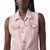 A close-up of a model wearing a light pink denim vest with silver buttons and a classic collar, shown against a plain white background.