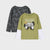 Two long-sleeve graphic shirts displayed on a light gray background. The front shirt is olive green with a white under-sleeve, featuring a 'GAME OVER' graphic with a game controller.