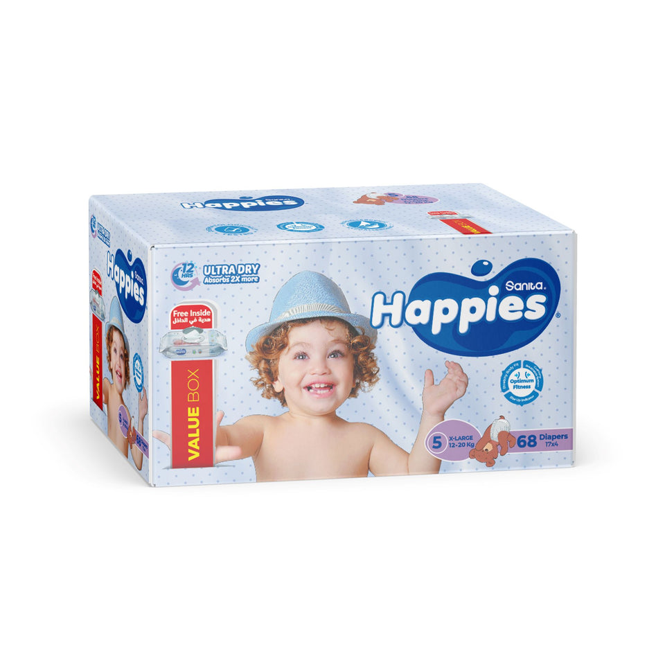 Happies Value BoxDiapers Size5 ( 12-20kg) 68 Diapers + Wet Wipes Free Inside | Happies In Lebanon