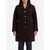 A woman wearing a dark brown wool-blend coat with silver-tone buttons and flap pockets, paired with black leather pants, against a plain white studio background.