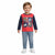 A young child standing against a white background, wearing a red and navy long-sleeve shirt with a Mickey Mouse graphic, blue jeans, and white sneakers.