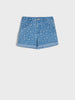 Blue denim shorts with white floral pattern on a light gray background