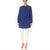 A woman modeling a royal blue long-sleeve tunic top with a mandarin collar, paired with white cropped pants and clear high-heeled sandals, against a plain white background.