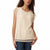 A woman wearing a cream-colored lace sleeveless top with blue jeans, shown from the waist up against a plain white background.