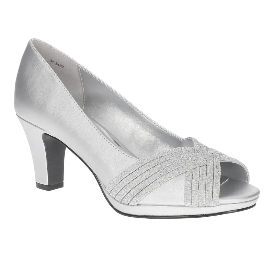 Silver high-heeled shoe on a white background