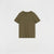An olive green short-sleeve crewneck t-shirt with a single chest pocket, laid flat against a light gray background.