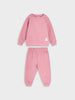 Pink sweatshirt and pants set on a white background