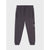 Dark gray jogger sweatpants with an elastic waistband, drawstring, side pockets, and a tonal graphic on the lower left leg, shown against a light gray background.
