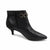A black pointed-toe ankle boot with a kitten heel, side zipper, and a decorative gold-tone double-ring buckle detail on the front strap, shown against a plain white background.