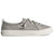 A low-top canvas sneaker in metallic silver with matching silver laces and a thick white rubber sole, shown from a side profile on a white background.