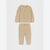 A two-piece baby loungewear set in beige ribbed knit fabric, featuring a long-sleeve zip-front cardigan and matching drawstring pants, displayed on a light gray background.