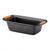 A rectangular black non-stick loaf pan with two orange silicone handles on the sides, shown on a plain white background.