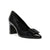 A single black patent leather pump with a block heel and a decorative square buckle detail on the toe, shown against a plain white background.