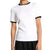 A white short-sleeve ringer T-shirt with black trim on the crew neck and sleeve cuffs, shown on a model against a plain white background.