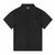 A black short-sleeve button-up shirt with an all-over tonal monogram pattern, displayed flat against a solid white background.