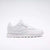 A classic Reebok sneaker in white leather, shown from the side against a clean white background.