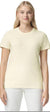Woman wearing a light yellow t-shirt and white pants on a website homepage.