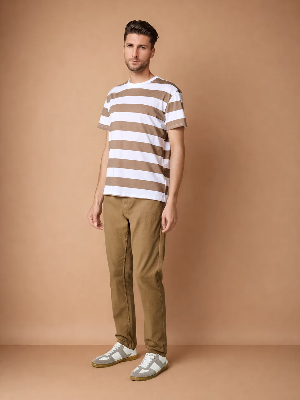 Sinsay Men's Brown and White Striped Crew Neck T-Shirt | Sinsay in Lebanon