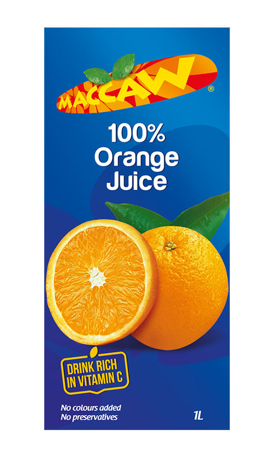 A carton of Maccaw 100% Orange Juice with a picture of a halved orange and leaves on the front.