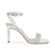 Silver high-heeled sandal with a strap and embellishments on a white background