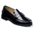 A single black leather penny loafer shown from a three-quarters angle on a clean white background.