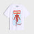A white short-sleeve crewneck t-shirt featuring a vintage-style comic book graphic of Iron Man on the front, with the Marvel logo printed inside the collar.