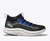 Black and blue running shoe with white sole on a white background