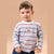 A young toddler boy wearing a light blue and white striped long-sleeve shirt with a small embroidered fox on the chest, paired with blue jeans, set against a solid beige background.