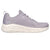 A single Skechers walking shoe in a light lavender-gray color, featuring a breathable mesh upper, matching gray laces, and a thick, speckled off-white cushioned sole, shown from a side profile on a white background.