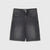 A pair of dark gray washed denim shorts with a button closure and classic five-pocket design, laid flat against a light gray background.