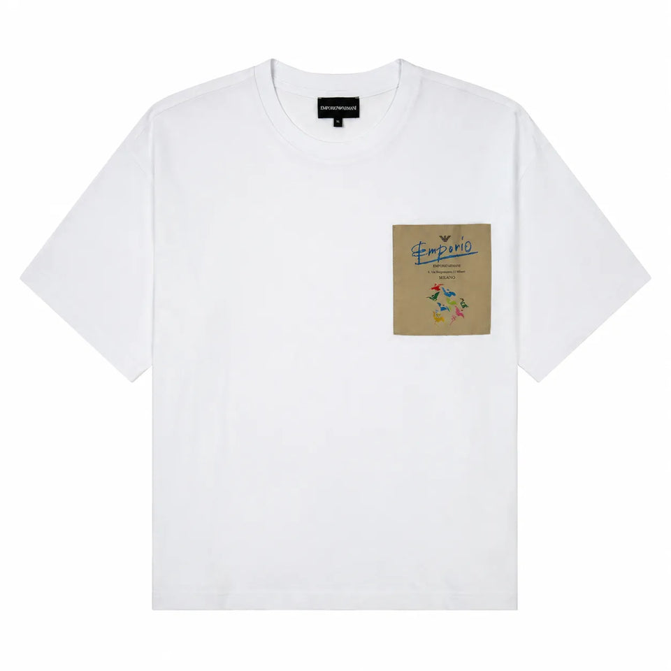 White t-shirt with a small graphic on a white background