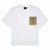 White t-shirt with a small graphic on a white background