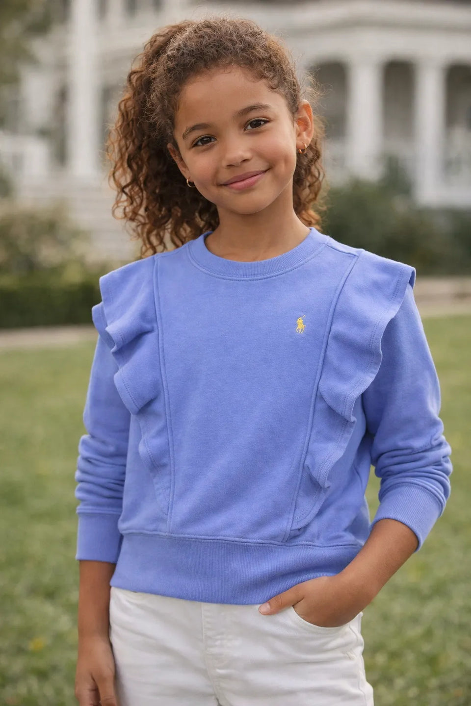 Polo Ralph Lauren Girl's Blue Ruffled French Terry Sweatshirt | Polo Ralph Lauren In Lebanon