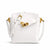 White handbag with gold accents on a white background