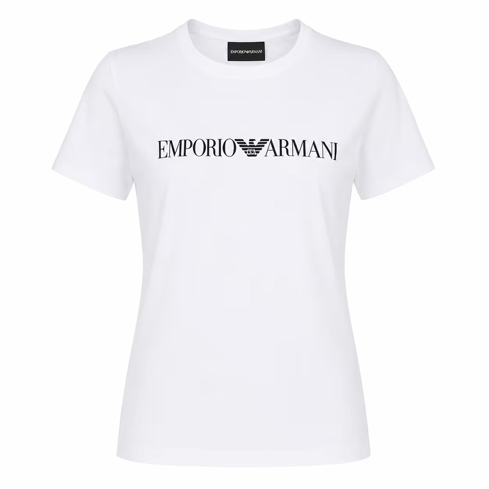 A white short-sleeve crewneck t-shirt with the black 'EMPORIO ARMANI' logo printed across the chest, displayed on a clean white background.