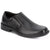 A single black leather slip-on dress shoe with a low block heel, photographed from a three-quarters angle on a white background.