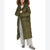 A model wearing a long olive green puffer coat over a white top and light gray cargo pants, standing against a plain white background.