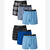 Four pairs of Hanes men's boxer briefs arranged in two stacks on a white background. The top stack includes a black-and-white plaid pair, a blue-and-white patterned pair, and a light blue plaid pair.