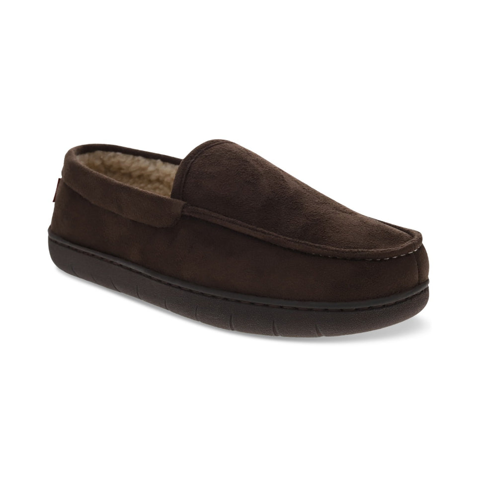 A single dark brown slip-on slipper with a soft suede-like exterior and a plush tan lining, shown from a three-quarters angle on a white background.