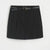 A black pleated mini skirt with a matching black belt featuring a gold buckle, displayed flat against a light gray background.