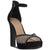 A black platform high-heeled sandal with an ankle strap, featuring a studded fishnet toe strap and a beige insole, shown against a plain white background.